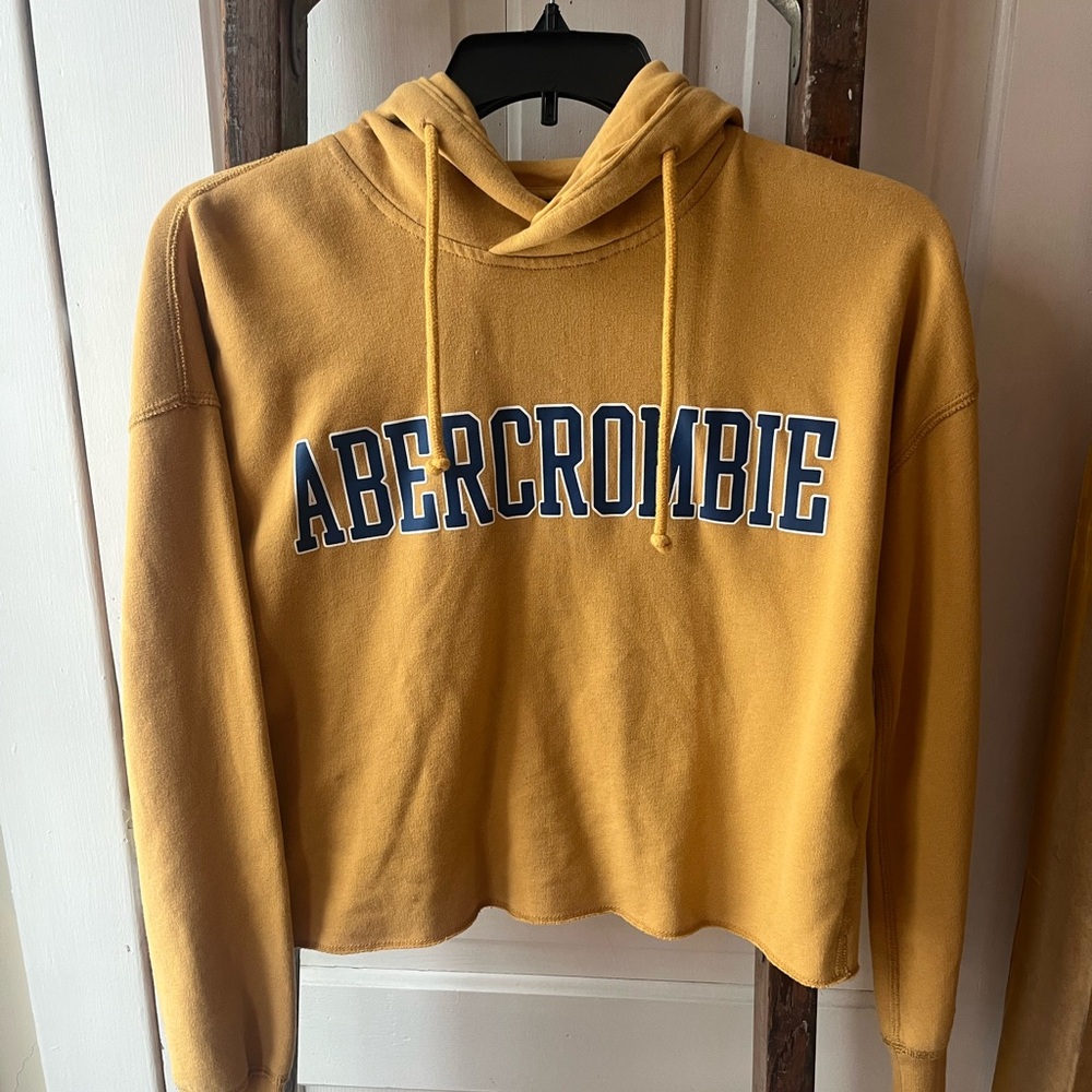 Abercrombie & Fitch Mustard Yellow Cropped Hoodie with Navy Logo